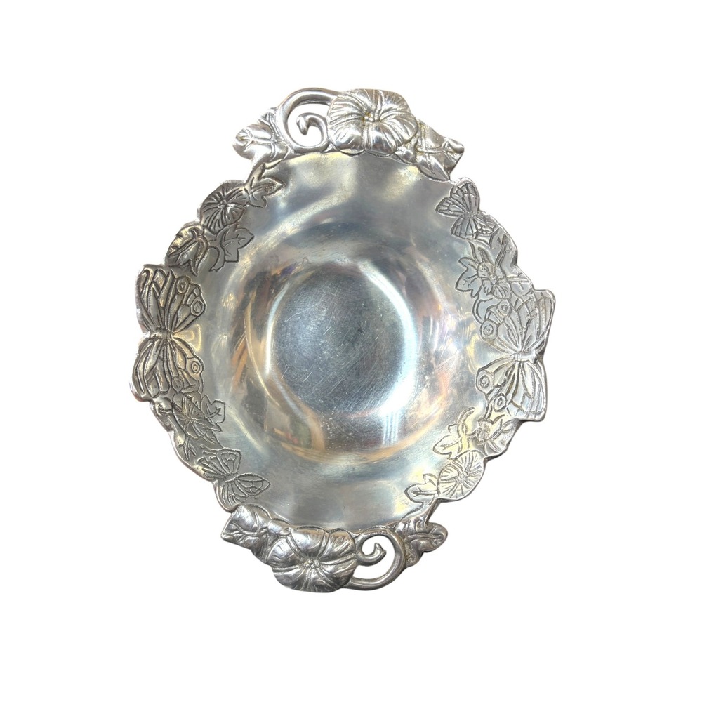 Arthur Court 2005 Butterfly Floral Aluminum Serving Bowl Scalloped Rim Silver